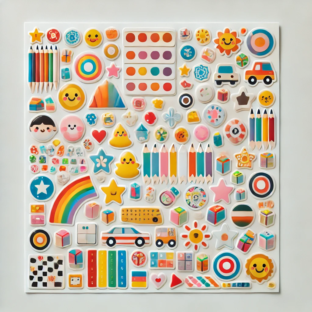 A vibrant collection of colorful cartoon die-cut stickers featuring rainbows, smiley faces, pencils, cars, and geometric shapes. These high-quality adhesive stickers are perfect for kids, scrapbooking, DIY crafts, school supplies, and decorative projects.