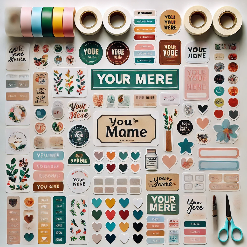 A collection of custom aesthetic stickers and labels featuring floral designs, text, hearts, and decorative patterns. Ideal for crafting, scrapbooking, personalized packaging, and branding applications.