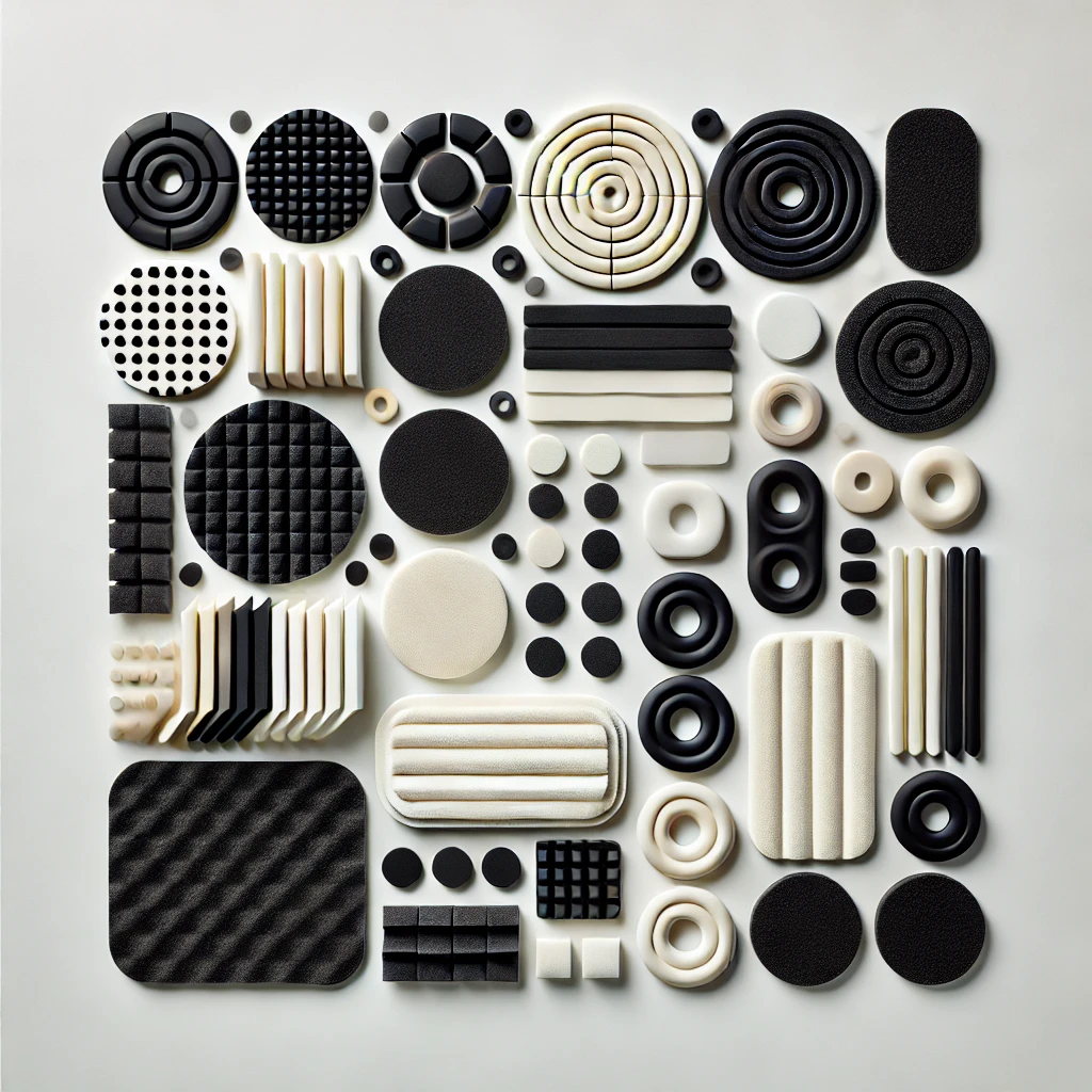 A collection of custom black and white foam die-cut gaskets and insulation pads in various shapes, including circles, ovals, squares, and ridged designs. These precision-cut foam materials are used in electronics, automotive, industrial manufacturing, and noise reduction applications.