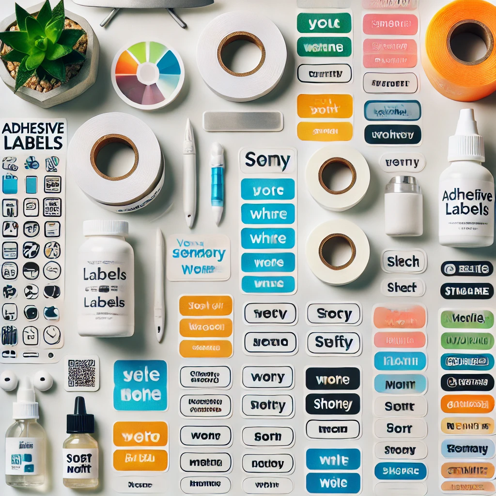 A flat lay of custom die-cut adhesive labels, branding stickers, and industrial packaging labels, including rolls of self-adhesive tapes and waterproof stickers for commercial use.
