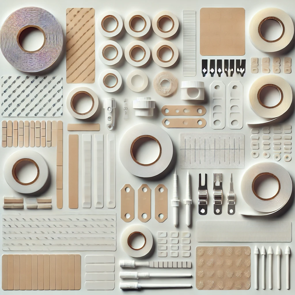 A flat lay of custom die-cut adhesive tapes, industrial bonding solutions, and precision-cut specialty tapes, including high-temperature resistant tapes, medical adhesive films, and custom-shaped pressure-sensitive tapes.