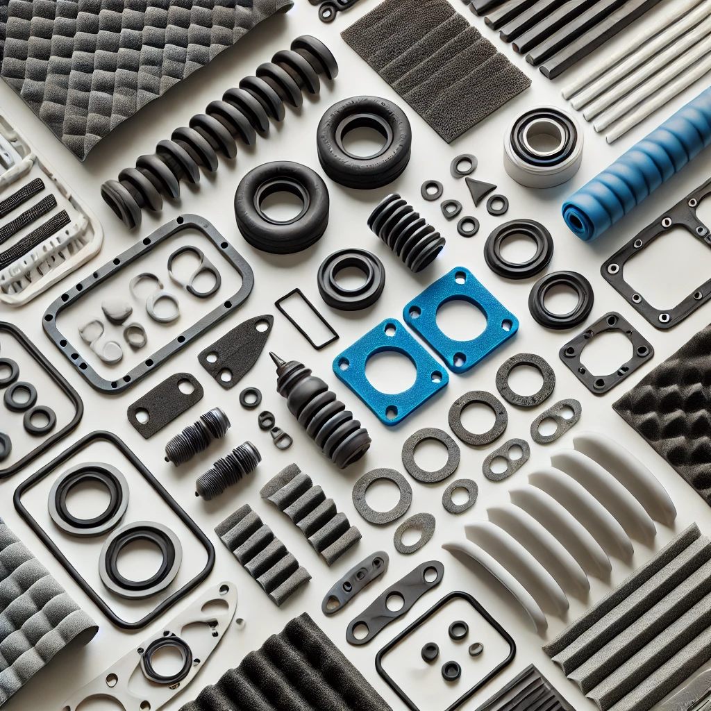 A collection of custom die-cut foam, rubber gaskets, and seals used for industrial, automotive, and electronic applications.