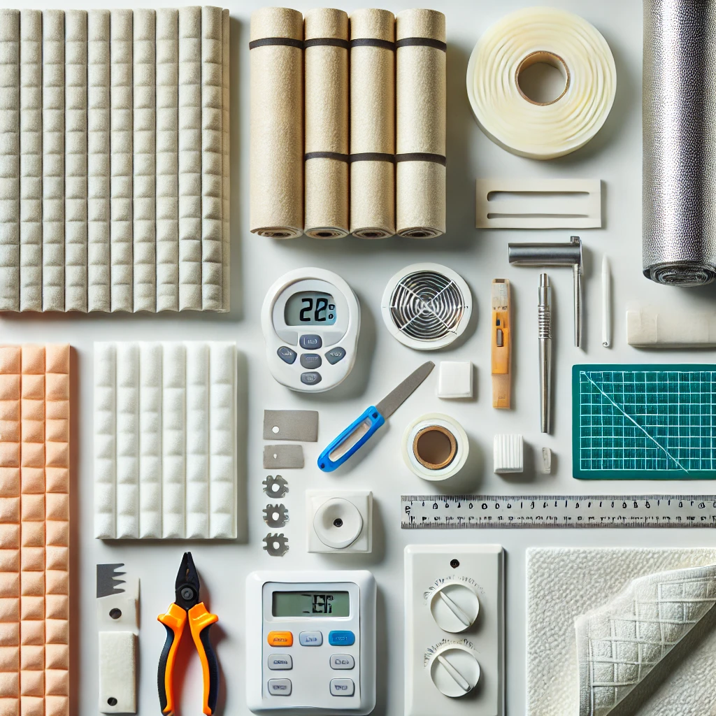A flat lay of custom die-cut foam, thermal insulation materials, acoustic foam panels, high-temperature adhesive tapes, and precision-cut industrial sealing solutions used in electronics, automotive, and construction industries.