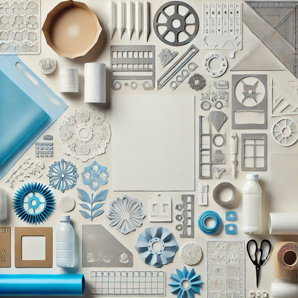 A collection of custom die-cut paper and plastic crafting sheets featuring floral designs, gears, bottles, and decorative elements. Ideal for packaging, DIY crafting, and personalized design projects.