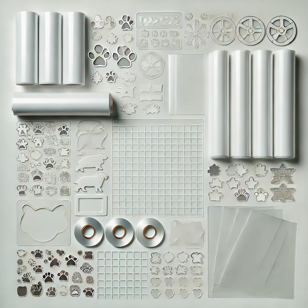 A collection of custom PET & PVC die-cut sheets and rolls featuring animal shapes, grids, gears, and decorative elements. Ideal for packaging, DIY crafting, and personalized design applications.