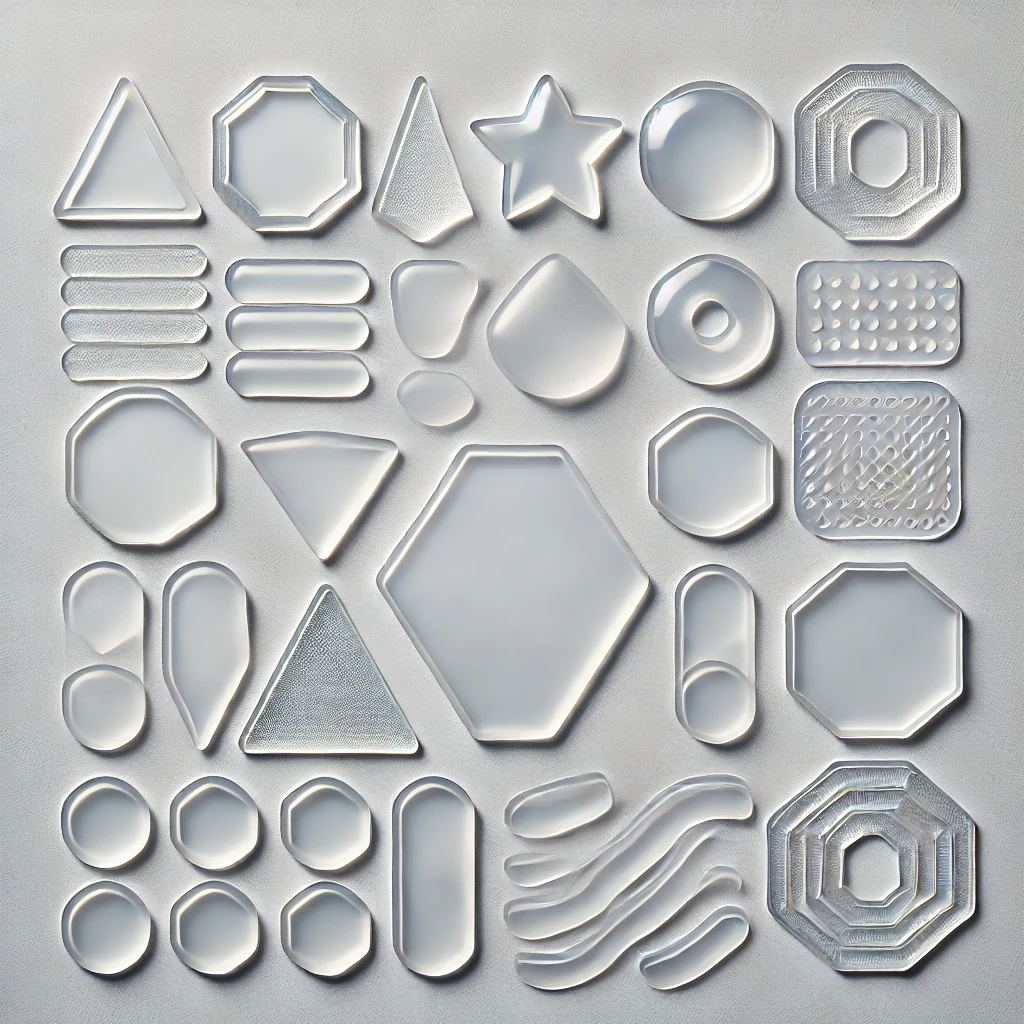 A collection of custom transparent die-cut adhesive pads and protective films in various shapes, including hexagons, circles, triangles, and stars. These high-precision cut materials are used for electronics, medical devices, industrial manufacturing, and decorative applications.