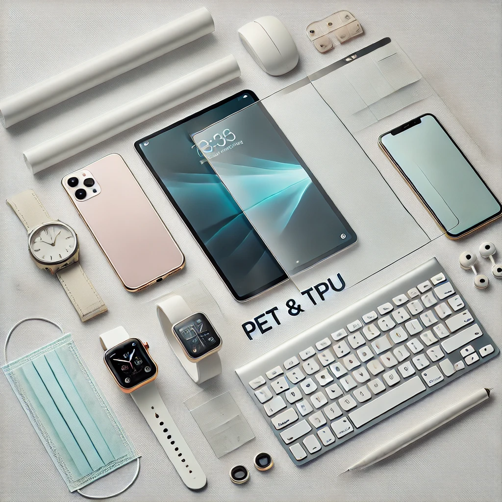A flat lay of PET & TPU protective films for electronic devices, including smartphones, tablets, watches, and keyboards.
