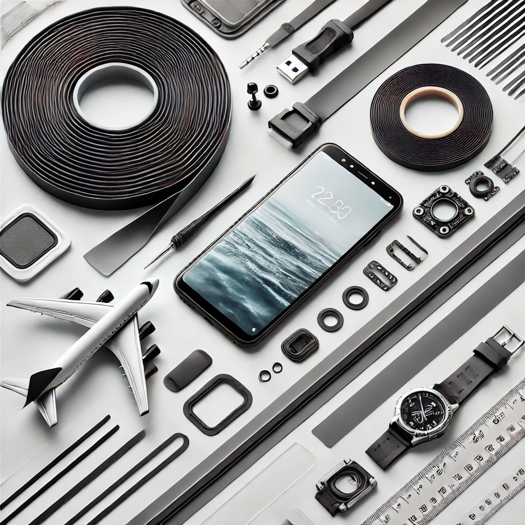 A flat lay of die-cut adhesive tapes, gaskets, and precision sealing components used in electronics, aerospace, and industrial manufacturing.