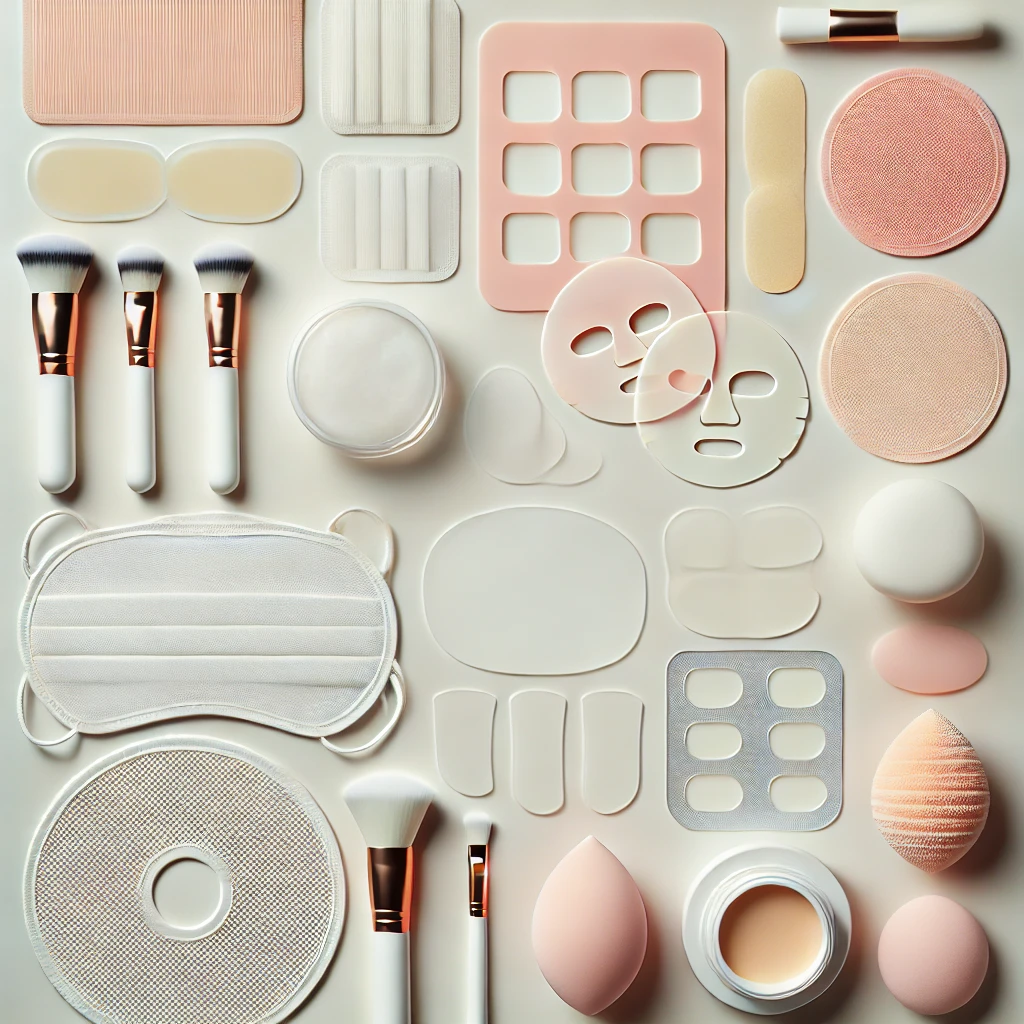 A flat lay of die-cut beauty patches, facial masks, cosmetic sponges, and skincare tools used in makeup and personal care applications.