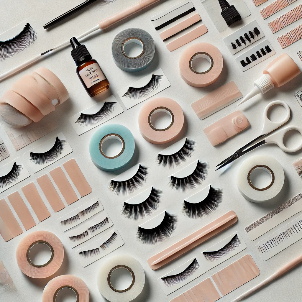 A flat lay of die-cut beauty tapes, eyelash extensions, cosmetic adhesives, and precision-cut makeup accessories used in the beauty industry.