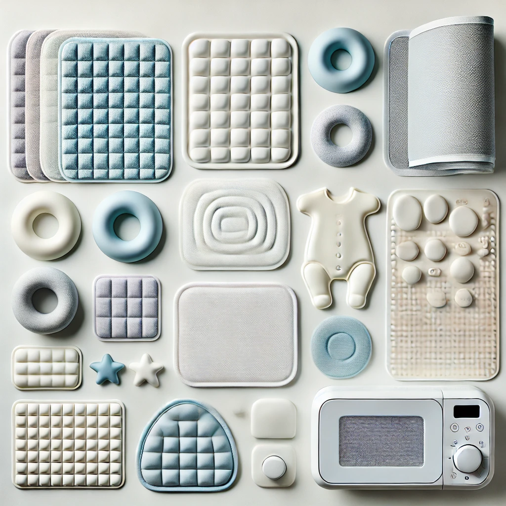 A flat lay of die-cut foam pads, baby safety cushions, and silicone shock absorbers designed for infant care, home safety, and cushioning applications.