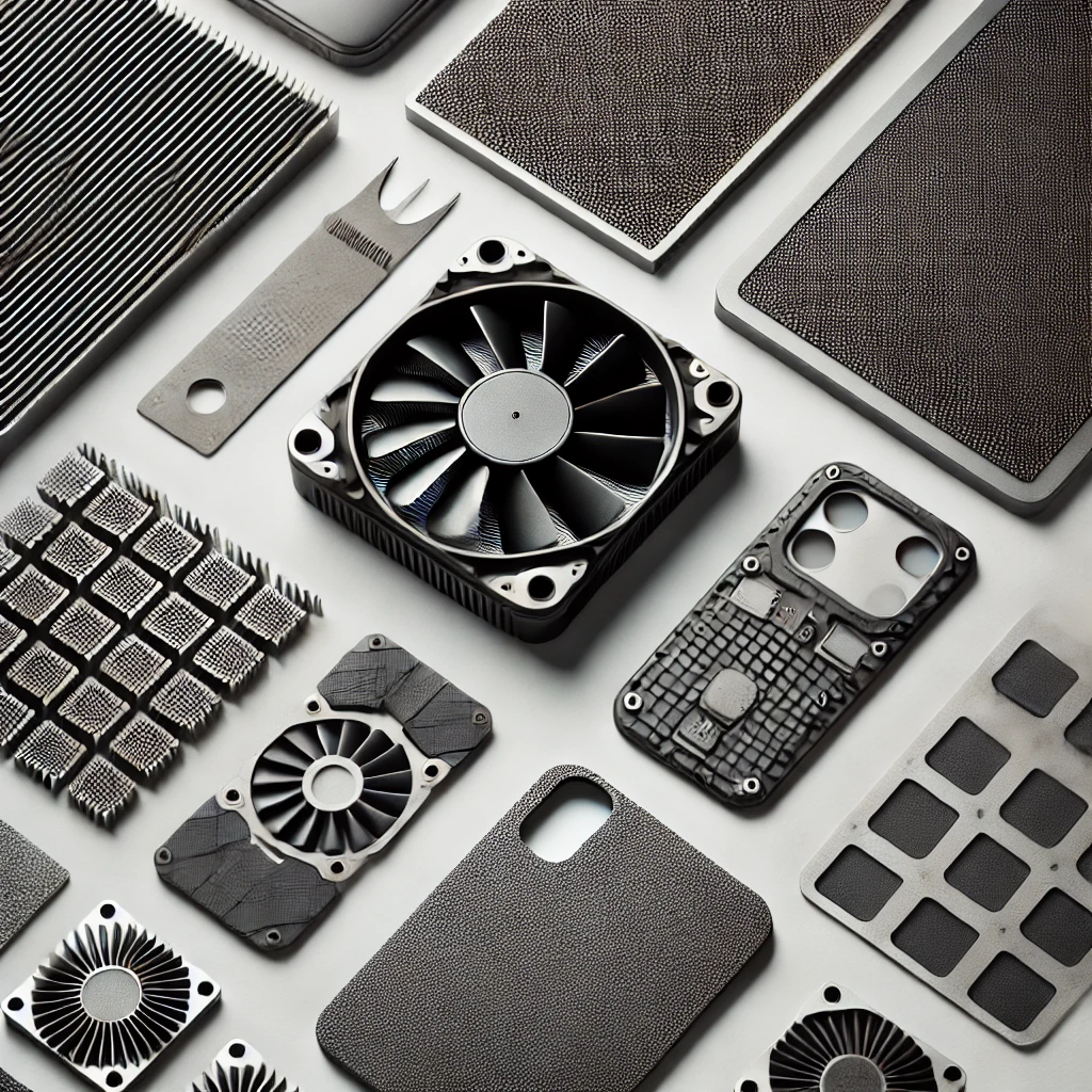 A flat lay of die-cut heat sinks, cooling fans, thermal interface materials, and metal enclosures used in electronics and industrial cooling applications.