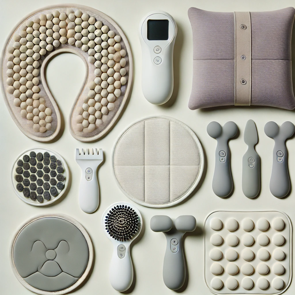 A flat lay of die-cut massage pads, therapy rollers, and electric massagers used in physiotherapy, relaxation, and muscle recovery.