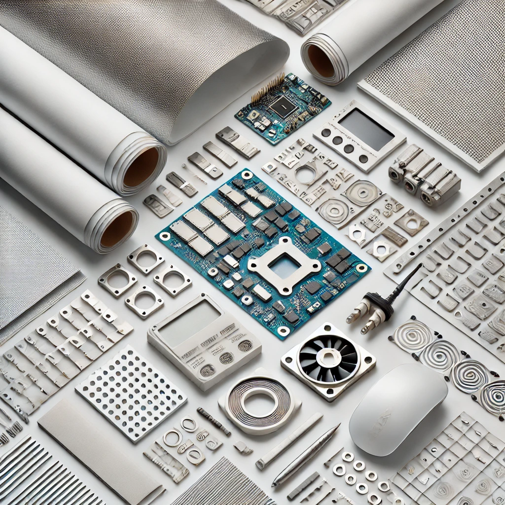 A flat lay of die-cut metal shields, thermal interface materials, and EMI shielding components used in electronics and PCB assembly.