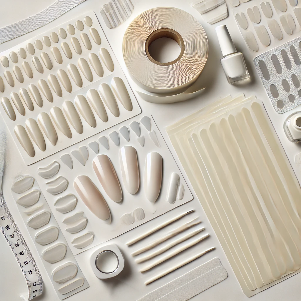 A flat lay of die-cut nail stickers, extension tapes, and transparent adhesive strips used in nail art, manicure salons, and personal beauty care.