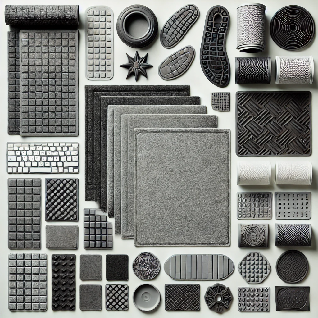 A flat lay of die-cut rubber mats, non-slip pads, and shoe sole materials designed for industrial flooring, footwear manufacturing, and anti-slip applications.