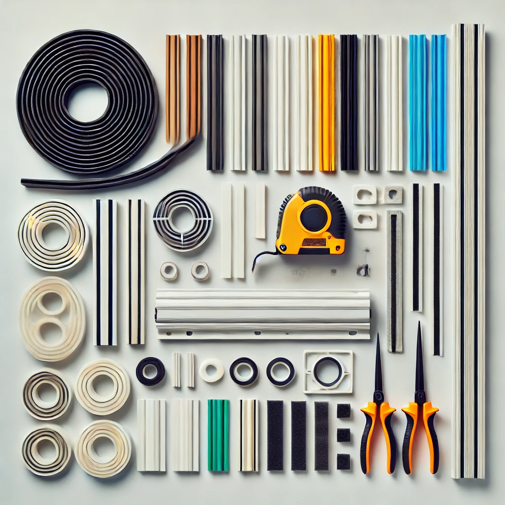 A flat lay of die-cut sealing strips, rubber gaskets, foam tapes, and industrial insulation components used for construction, automotive, and manufacturing applications.