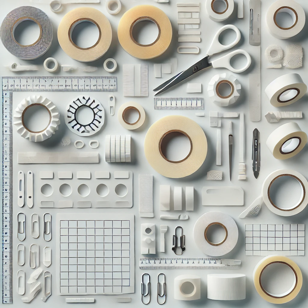 A collection of precision die-cut adhesive tapes, foam pads, and industrial cutting tools including rulers, scissors, and gridded cutting sheets. Ideal for electronics manufacturing, packaging, and precision cutting applications.