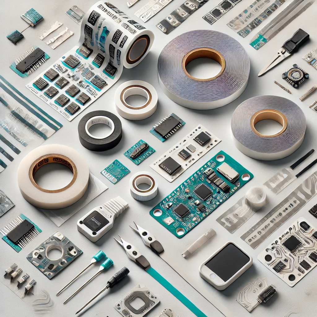 A flat lay of precision die-cut adhesive tapes, labels, and protective films used in electronics manufacturing and PCB assembly.