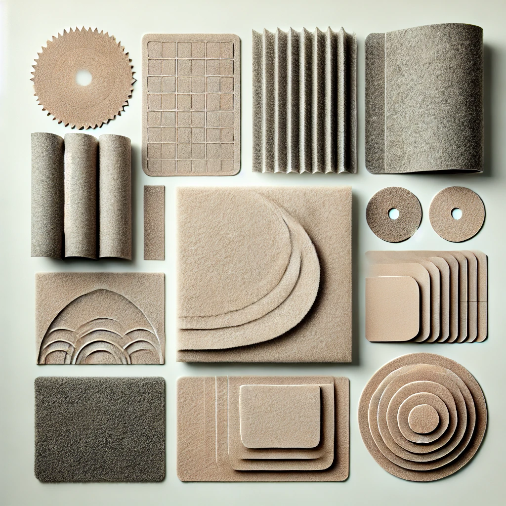 A collection of precision die-cut felt pads, industrial cushioning materials, and noise reduction solutions. The image features various felt sheets, rolls, circular pads, and customized cutouts designed for furniture protection, vibration damping, and insulation applications.