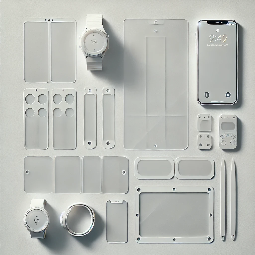 A collection of precision die-cut transparent protective films designed for smartphones, smartwatches, tablets, and other electronic devices. These films provide scratch resistance, durability, and a seamless fit for screens and surfaces.